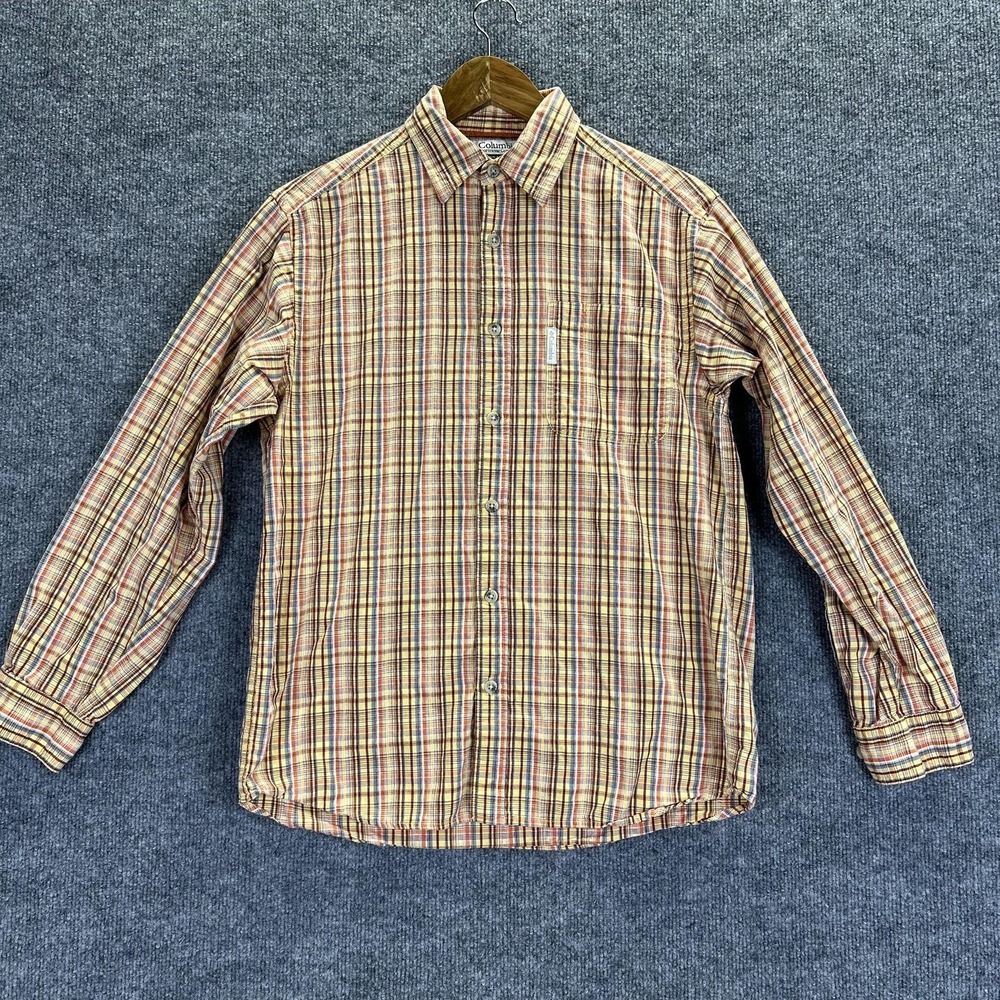 Columbia Shirt Mens Small‎ Yellow Orange Plaid Button Front Long Sleeve Cotton